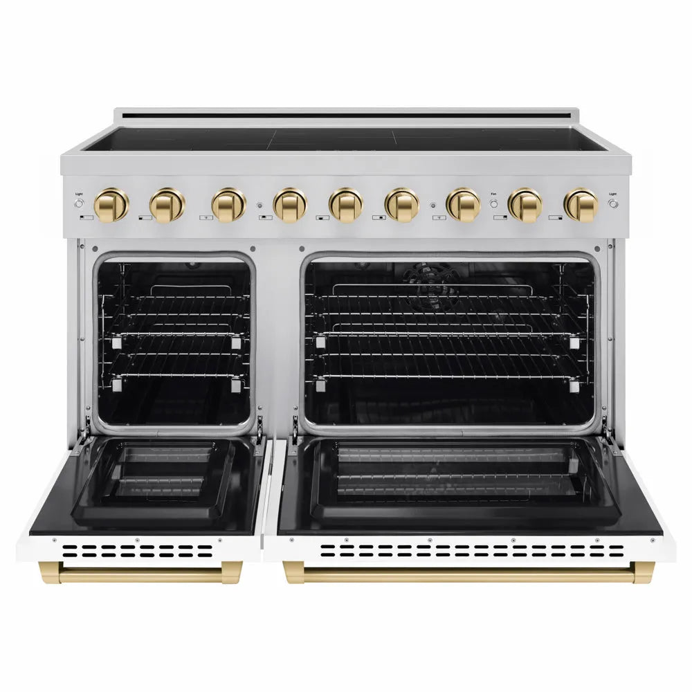 ZLINE Autograph Edition 48 in. 6.7 cu. ft. Paramount Induction Range with 7 Element Cooktop and Dual Ovens in Stainless Steel with White Matte Doors and Polished Gold Accents (SINRZ-WM-48-G) front, dual electric oven open.