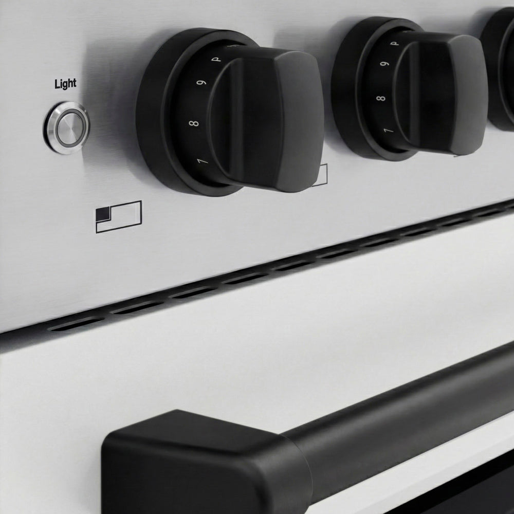 ZLINE Autograph Edition 48 in. 6.7 cu. ft. Paramount Induction Range with 7 Element Cooktop and Dual Ovens in Stainless Steel with White Matte Doors and Matte Black Accents (SINRZ-WM-48-MB) close-up, control knobs.