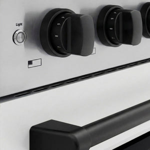 ZLINE Autograph Edition 48 in. 6.7 cu. ft. Paramount Induction Range with 7 Element Cooktop and Dual Ovens in Stainless Steel with White Matte Doors and Matte Black Accents (SINRZ-WM-48-MB) close-up, control knobs.