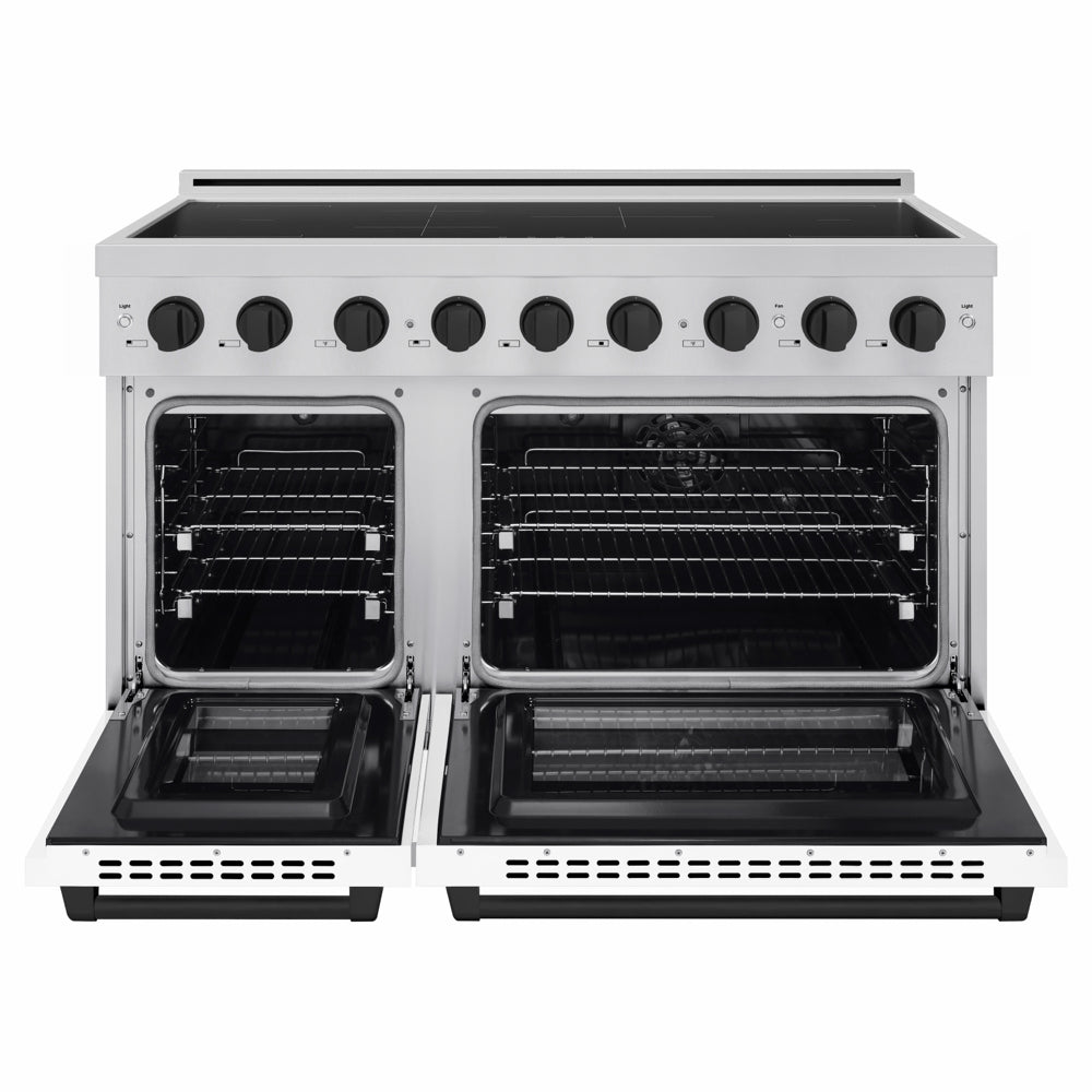 ZLINE Autograph Edition 48 in. 6.7 cu. ft. Paramount Induction Range with 7 Element Cooktop and Dual Ovens in Stainless Steel with White Matte Doors and Matte Black Accents (SINRZ-WM-48-MB) front, dual electric oven open.