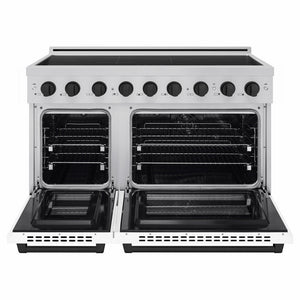 ZLINE Autograph Edition 48 in. 6.7 cu. ft. Paramount Induction Range with 7 Element Cooktop and Dual Ovens in Stainless Steel with White Matte Doors and Matte Black Accents (SINRZ-WM-48-MB) front, dual electric oven open.