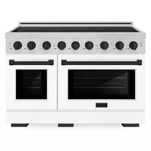 ZLINE Autograph Edition 48 in. 6.7 cu. ft. Paramount Induction Range with 7 Element Cooktop and Dual Ovens in Stainless Steel with White Matte Doors and Matte Black Accents (SINRZ-WM-48-MB) front.