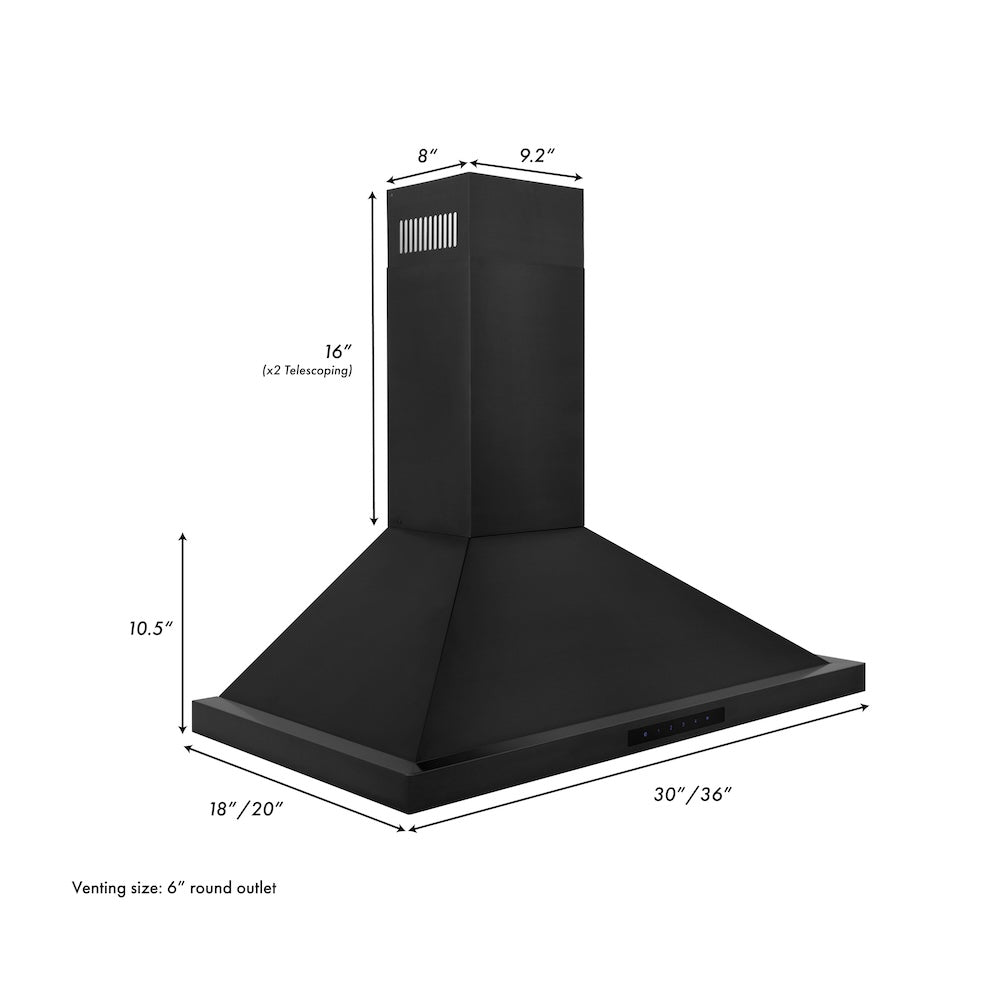 ZLINE 30 in. Convertible Vent Wall Mount Range Hood in Black Stainless Steel (BSKBN-30) dimensional diagram.