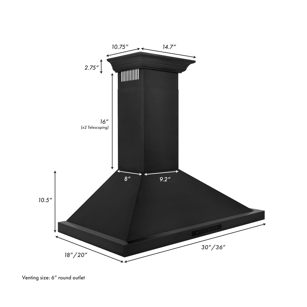 ZLINE Convertible Vent Wall Mount Range Hood in Black Stainless Steel with Crown Molding (BSKBNCRN) dimensions for 30-inch and 36-inch sizes.