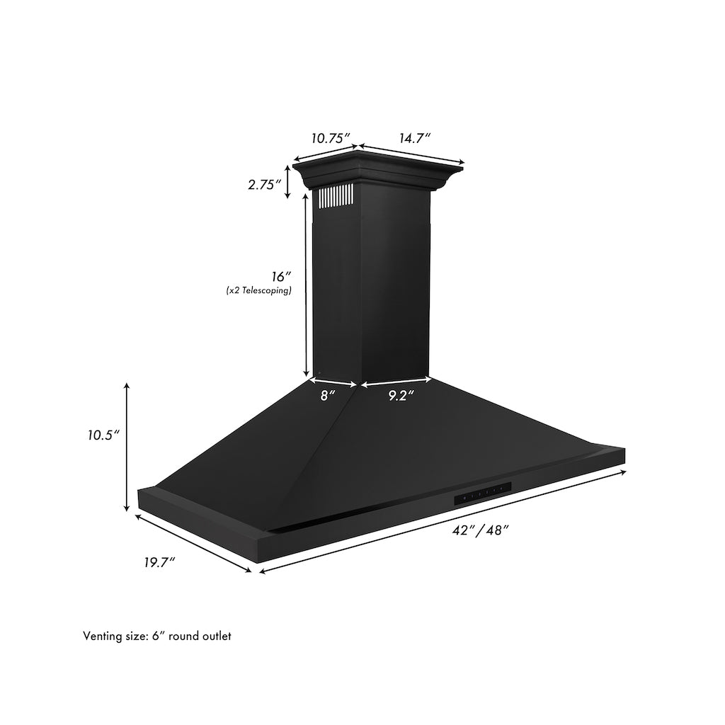 ZLINE Convertible Vent Wall Mount Range Hood in Black Stainless Steel with Crown Molding (BSKBNCRN) dimensions for 42-inch and 48-inch sizes.