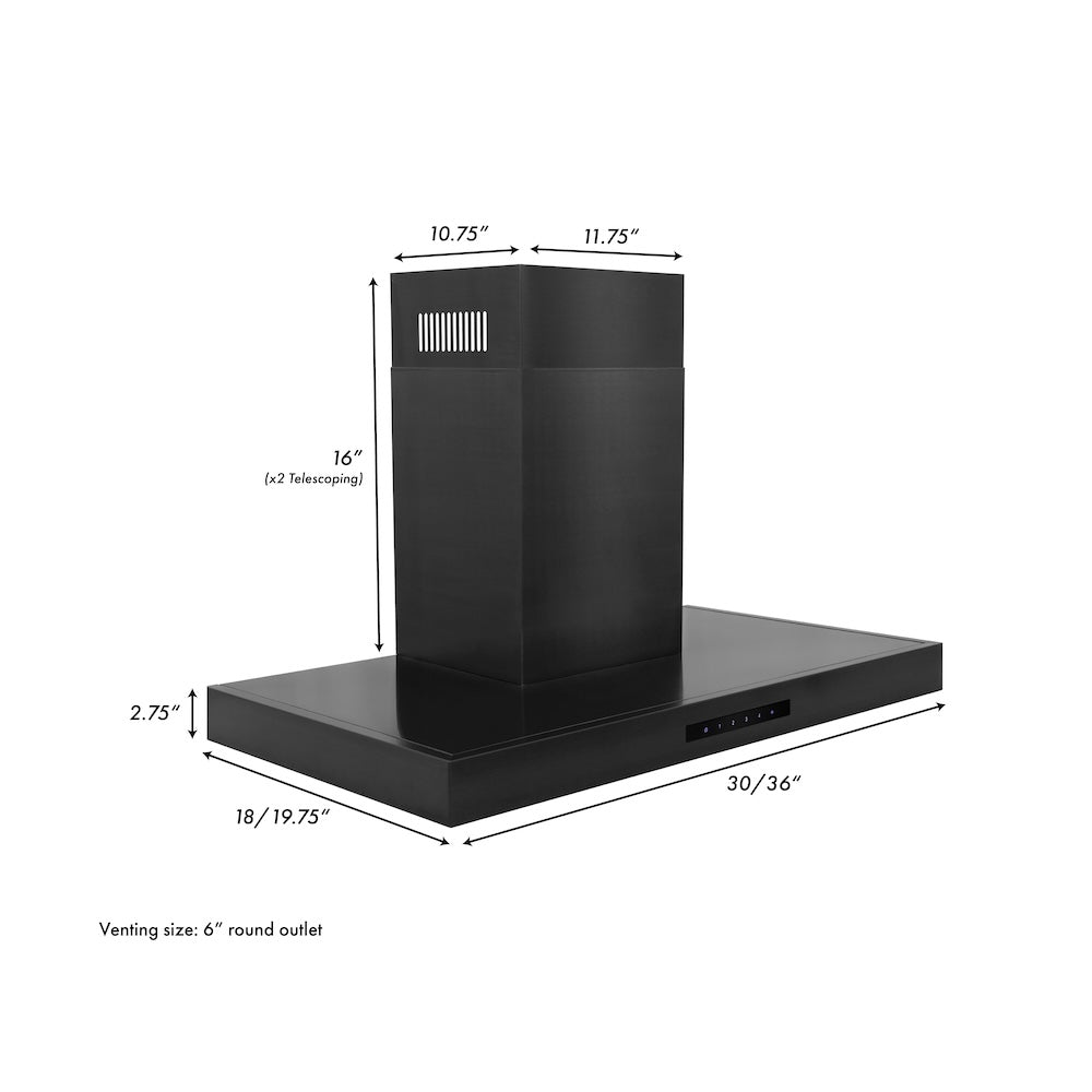 ZLINE 36 in. Convertible Vent Wall Mount Range Hood in Black Stainless Steel (BSKEN-36) with dimensions labeled on a white background
