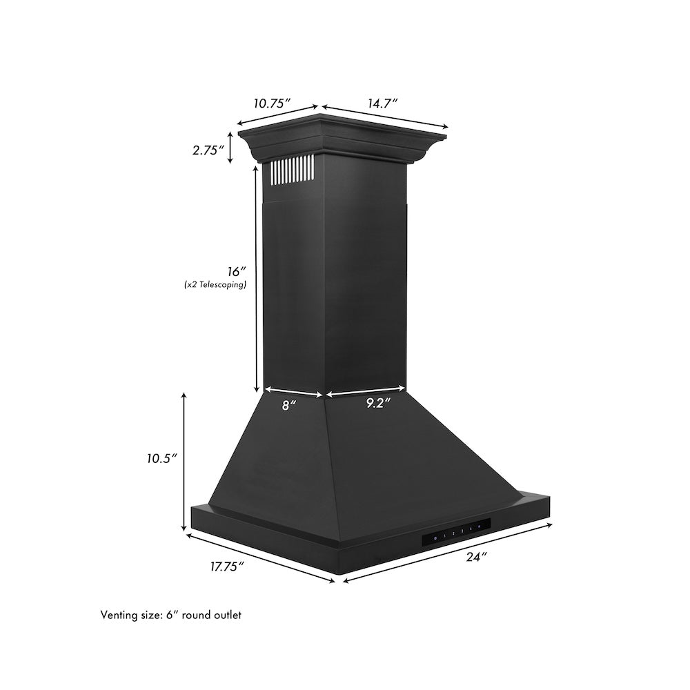 ZLINE 24 in. Convertible Vent Wall Mount Range Hood in Black Stainless Steel with Crown Molding (BSKBNCRN-24) dimensional diagram.