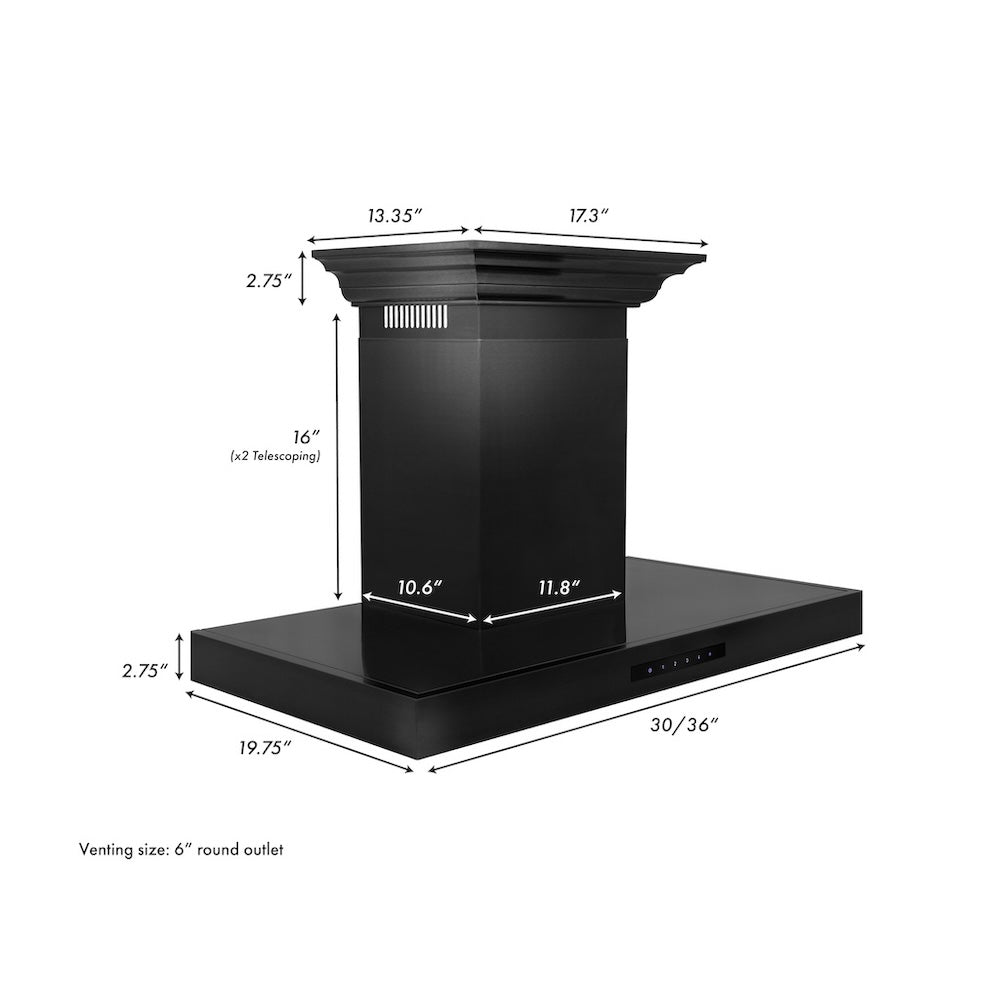 ZLINE 30 in. Convertible Vent Wall Mount Range Hood in Black Stainless Steel with Crown Molding (BSKENCRN-30) dimensional diagram.