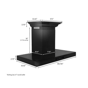 ZLINE Convertible Vent Wall Mount Range Hood in Black Stainless Steel with Crown Molding (BSKENCRN) dimensions for 30-inch and 36-inch sizes.