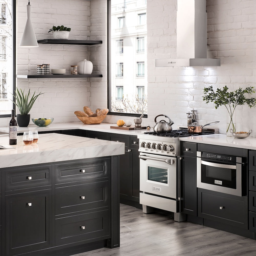 ZLINE 24 in. Convertible Vent Wall Mount Range Hood in Stainless Steel (KE-24) in a luxury kitchen.