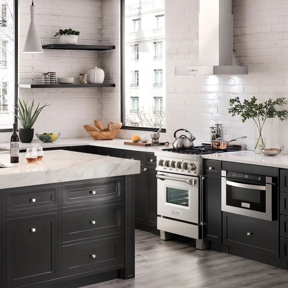 ZLINE 24 in. Convertible Vent Wall Mount Range Hood in Stainless Steel (KE-24) in a luxury kitchen.