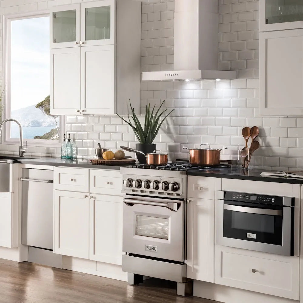 ZLINE 24 in. Convertible Vent Wall Mount Range Hood in Stainless Steel (KE-24) in a luxury kitchen.