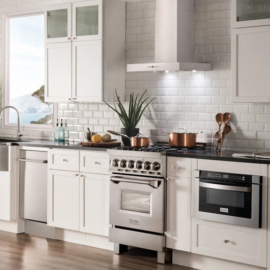ZLINE 24 in. Convertible Vent Wall Mount Range Hood in Stainless Steel (KE-24) in a luxury kitchen.
