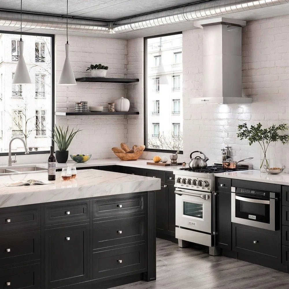 ZLINE 48 in. Convertible Vent Wall Mount Range Hood in Stainless Steel with Crown Molding (KECRN-48) in a luxury kitchen.
