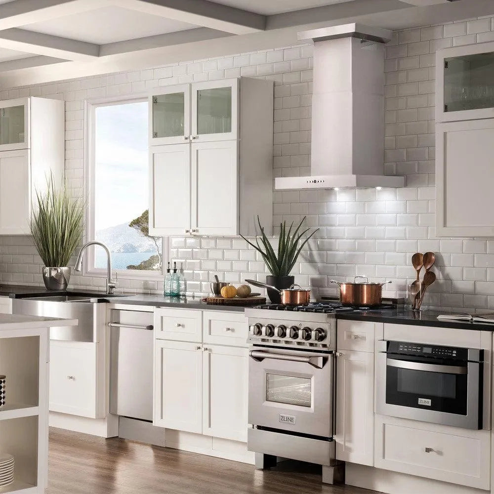 ZLINE 48 in. Convertible Vent Wall Mount Range Hood in Stainless Steel with Crown Molding (KECRN-48) in a luxury kitchen.