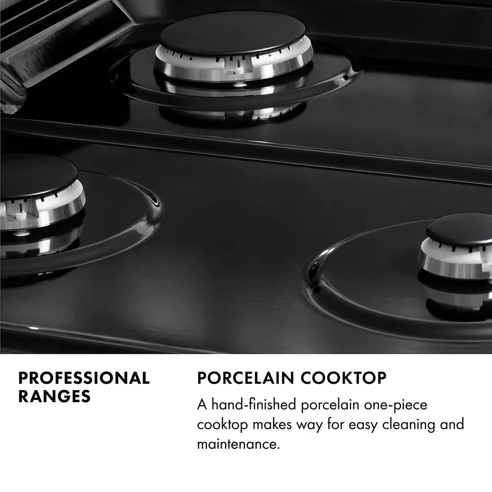Professional Ranges Infographic. Close-up of black porcelain cooktop and burners. Text: Porcelain Cooktop. A hand-finished porcelain one-piece cooktop makes way for easy cleaning and maintenance.