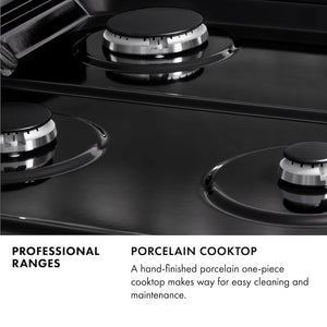 Professional Ranges Infographic. Image: Close-up of black porcelain cooktop and burners. Text: Porcelain Cooktop. A hand-finished porcelain one-piece cooktop makes way for easy cleaning and maintenance.