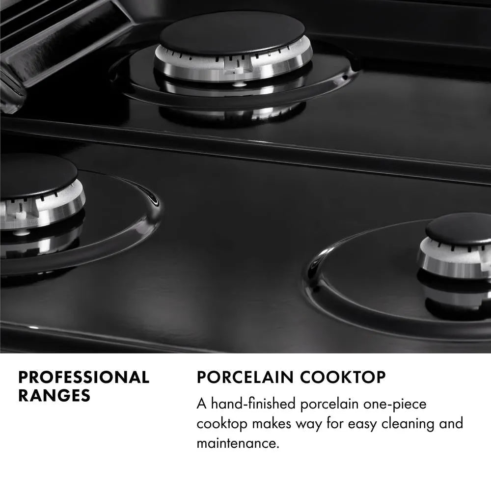Professional Ranges Infographic. Image: Close-up of black porcelain cooktop and burners. Text: Porcelain Cooktop. A hand-finished porcelain one-piece cooktop makes way for easy cleaning and maintenance.