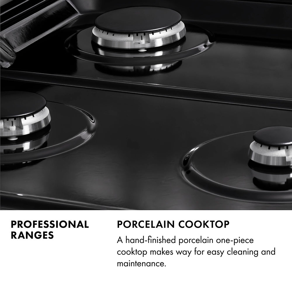 Professional Ranges Infographic. Image: Close-up of black porcelain cooktop and burners. Text: Porcelain Cooktop. A hand-finished porcelain one-piece cooktop makes way for easy cleaning and maintenance.