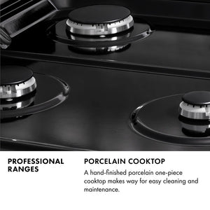 Professional Ranges Infographic. Image: Close-up of black porcelain cooktop and burners. Text: Porcelain Cooktop. A hand-finished porcelain one-piece cooktop makes way for easy cleaning and maintenance.