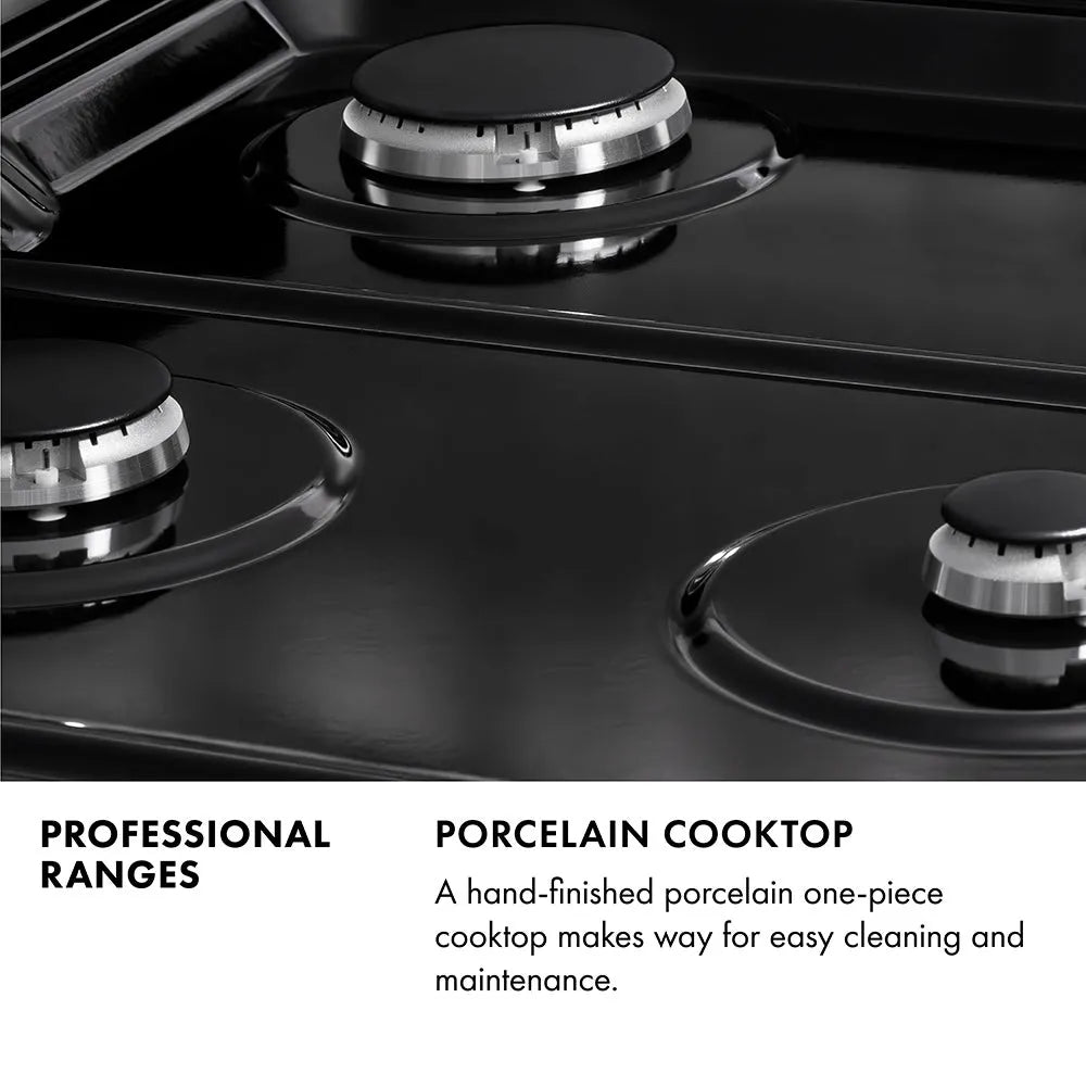 Professional Ranges Infographic. Image: Close-up of black porcelain cooktop and burners. Text: Porcelain Cooktop. A hand-finished porcelain one-piece cooktop makes way for easy cleaning and maintenance.
