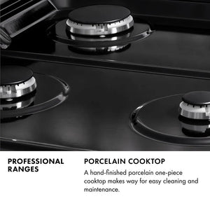 Professional Ranges Infographic. Image: Close-up of black porcelain cooktop and burners. Text: Porcelain Cooktop. A hand-finished porcelain one-piece cooktop makes way for easy cleaning and maintenance.