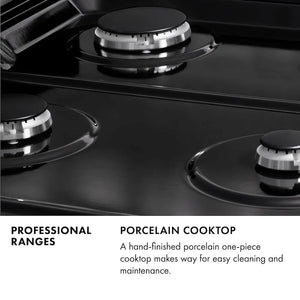 Professional Ranges Infographic. Image: Close-up of black porcelain cooktop and burners. Text: Porcelain Cooktop. A hand-finished porcelain one-piece cooktop makes way for easy cleaning and maintenance.