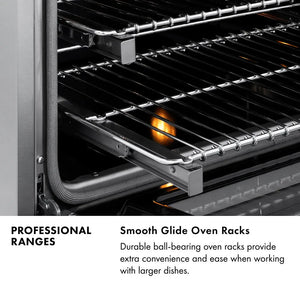 Professional Ranges Infographic. Close-up of Smooth Glide Oven Racks. Text: Smooth Glide Oven Racks. Durable ball-bearing oven racks provide extra convenience and ease when working with larger dishes.