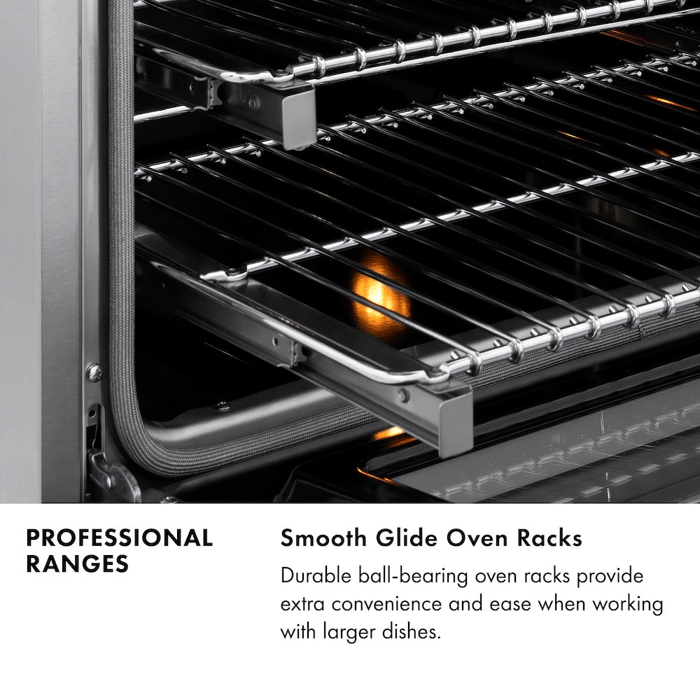 Professional Ranges Infographic. Image: Close-up of Smooth Glide Oven Racks. Text: Smooth Glide Oven Racks. Durable ball-bearing oven racks provide extra convenience and ease when working with larger dishes.