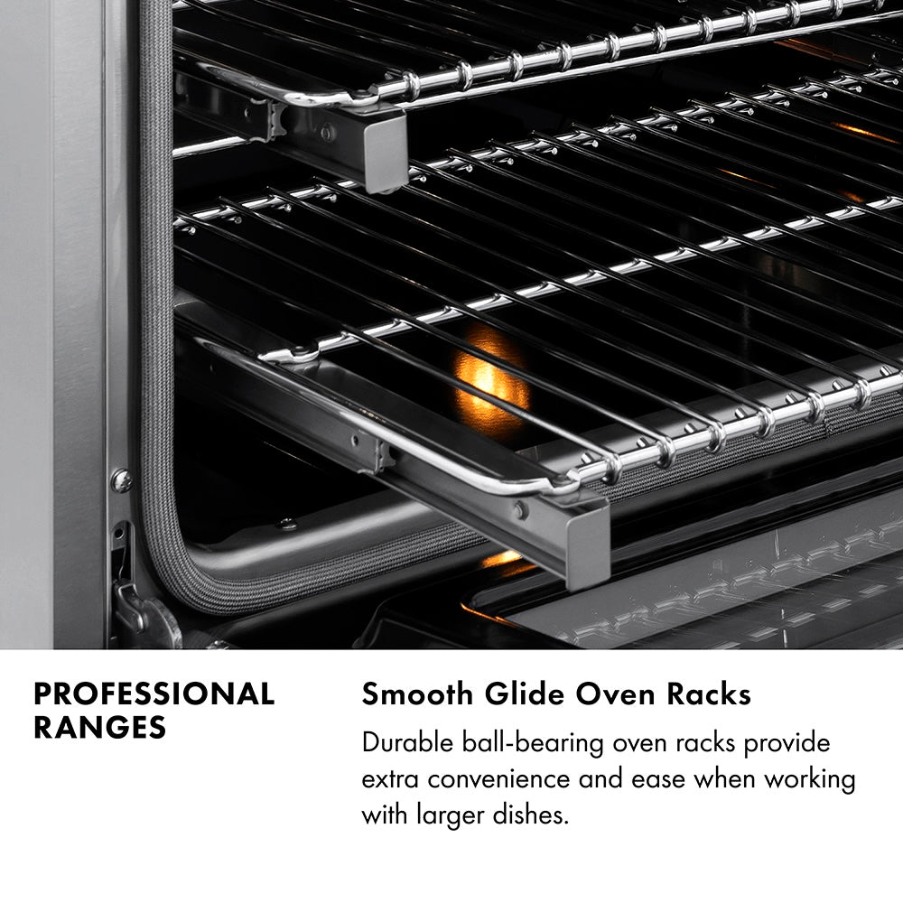 Professional Ranges Infographic. Image: Close-up of Smooth Glide Oven Racks. Text: Smooth Glide Oven Racks. Durable ball-bearing oven racks provide extra convenience and ease when working with larger dishes.