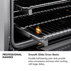 Professional Ranges Infographic. Image: Close-up of Smooth Glide Oven Racks. Text: Smooth Glide Oven Racks. Durable ball-bearing oven racks provide extra convenience and ease when working with larger dishes.