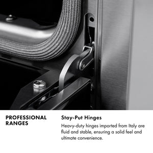 Professional Ranges Infographic. Close-up of Stay-Put hinge mechanism. Text: Stay-Put Hinges. Heavy-duty hinges imported from Italy are fluid and stable, ensuring a solid feel and ultimate convenience.