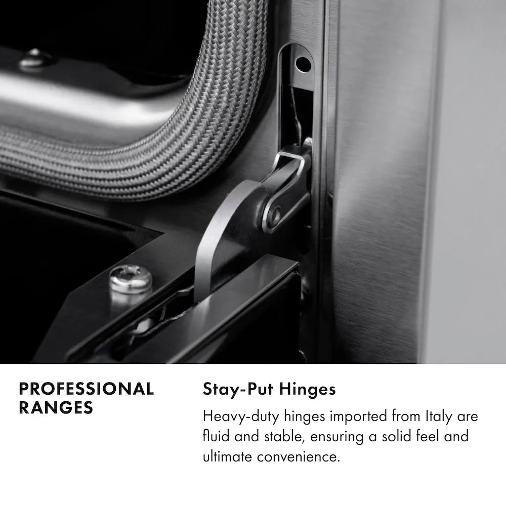 Professional Ranges Infographic. Image: Stay-Put oven door hinge. Text: Stay-Put Hinges. Heavy-duty hinges imported from Italy are fluid and stable, ensuring a solid feel and ultimate convenience.