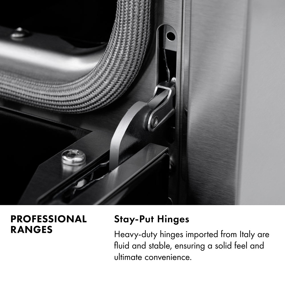 Professional Ranges Infographic. Image: Stay-Put oven door hinge. Text: Stay-Put Hinges. Heavy-duty hinges imported from Italy are fluid and stable, ensuring a solid feel and ultimate convenience.