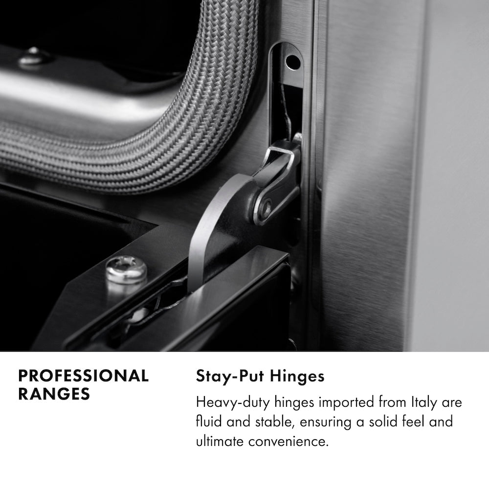 Professional Ranges Infographic. Image: Stay-Put oven door hinge. Text: Stay-Put Hinges. Heavy-duty hinges imported from Italy are fluid and stable, ensuring a solid feel and ultimate convenience.