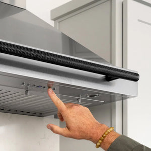 ZLINE 48 in. Wall-Mount Range Hood Helix Handle (Set of 1) in Black Stainless Steel (RHHZ-K-BS-48) installed in a designer kitchen.