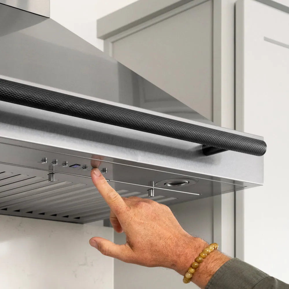ZLINE Autograph Edition 48 in. Wall-Mount Range Hood Helix Handle (Set of 1) in Matte Black (RHHZ-K-MB-48) installed in a designer kitchen.