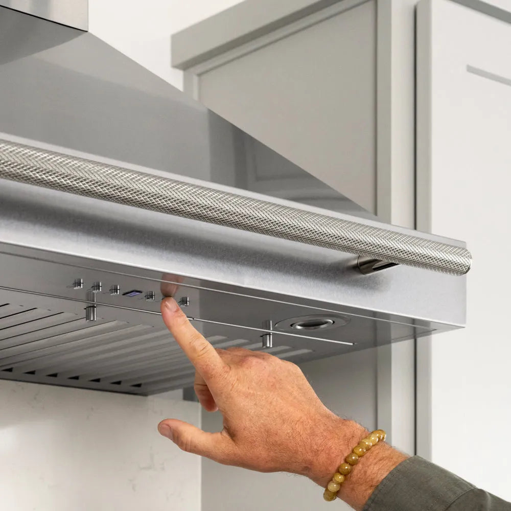 ZLINE Autograph Edition 36 in. Wall-Mount Range Hood Helix Handle (Set of 1) in Polished Nickel (RHHZ-K-PN-36) installed in a designer kitchen.