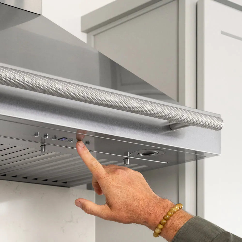 ZLINE 48 in. Wall-Mount Range Hood Helix Handle (Set of 1) in Stainless Steel (RHHZ-K-ST-48) installed in a designer kitchen.