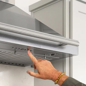 ZLINE 48 in. Wall-Mount Range Hood Helix Handle (Set of 1) in Stainless Steel (RHHZ-K-ST-48) installed in a designer kitchen.