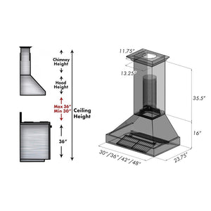ZLINE 36 in. Ducted Satin Stainless Steel Wall Mount Range Hood with Copper Shell (8654C-36) dimensional diagram.