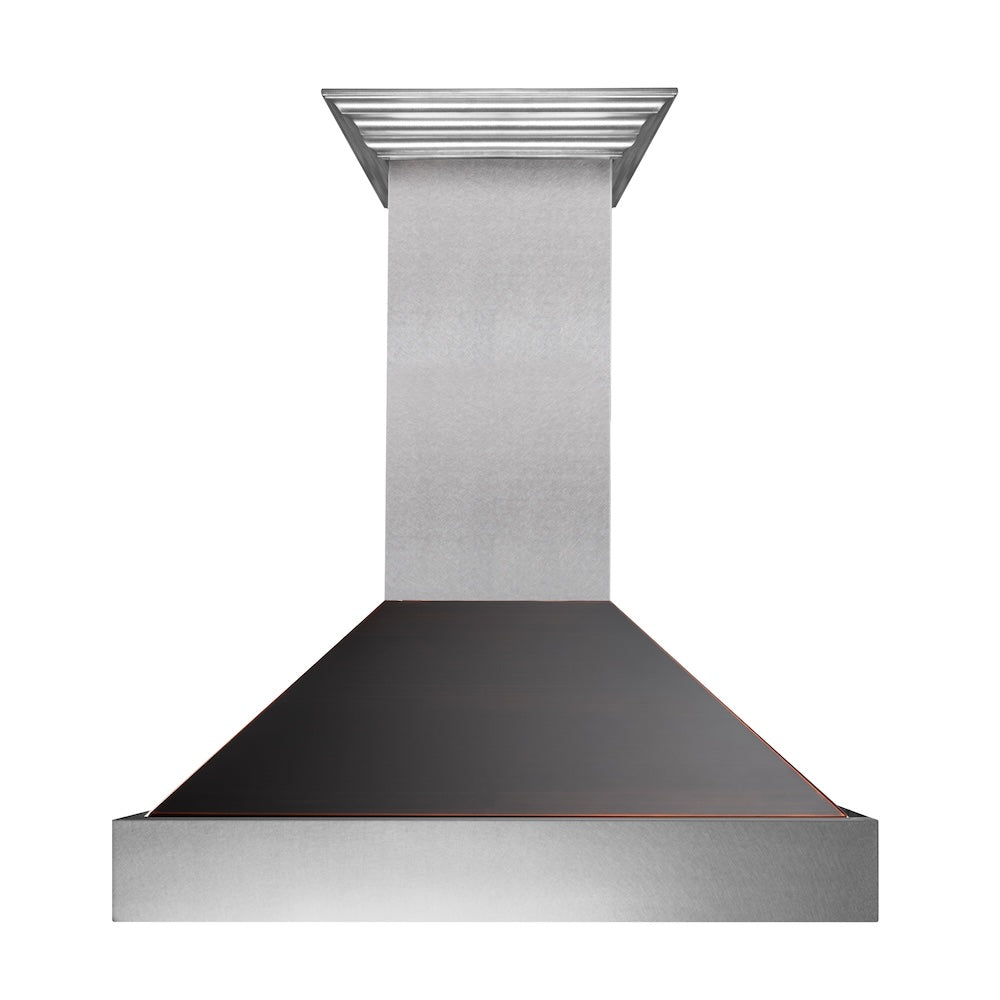 ZLINE 30 in. Ducted Satin Stainless Steel Wall Mount Range Hood with Oil Rubbed Bronze Shell (8654ORB-30) front.