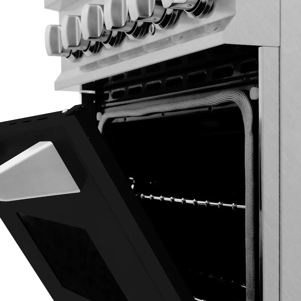 ZLINE 24 in. 2.8 cu. ft. Legacy Dual Fuel Range with 4 Burner Gas Cooktop and Electric Convection Oven in Satin Stainless Steel and Black Matte Door (RAS-BLM-24) oven door open.