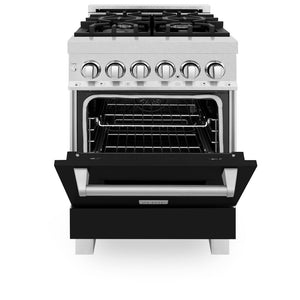 ZLINE 24 in. 2.8 cu. ft. Legacy Dual Fuel Range with 4 Burner Gas Cooktop and Electric Convection Oven in Satin Stainless Steel and Black Matte Door (RAS-BLM-24) front, oven half open.