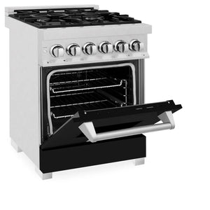 ZLINE 24 in. 2.8 cu. ft. Legacy Dual Fuel Range with 4 Burner Gas Cooktop and Electric Convection Oven in Satin Stainless Steel and Black Matte Door (RAS-BLM-24) side, oven half open.