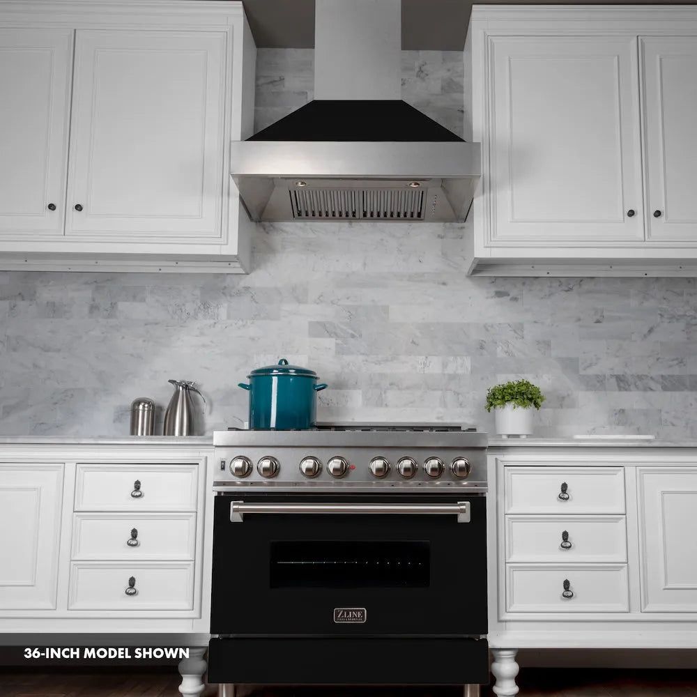 ZLINE 30 in. 4.0 cu. ft. Legacy Dual Fuel Range with 4 Burner Gas Cooktop and Electric Convection Oven in Satin Stainless Steel and Black Matte Door (RAS-BLM-30) front, oven closed.