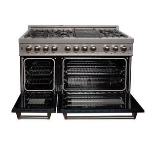 ZLINE 48 in. 6.0 cu. ft. Legacy Dual Fuel Range with 7 Burner Gas Cooktop and 2 Electric Ovens in Satin Stainless Steel and Black Matte Doors (RAS-BLM-48) front, open.