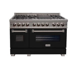 ZLINE 48 in. 6.0 cu. ft. Legacy Dual Fuel Range with 7 Burner Gas Cooktop and 2 Electric Ovens in Satin Stainless Steel and Black Matte Doors (RAS-BLM-48) front, oven closed.