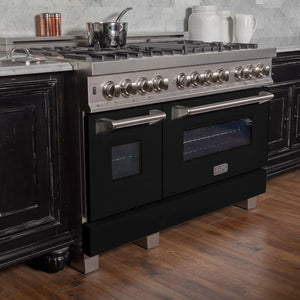 ZLINE 48 in. 6.0 cu. ft. Legacy Dual Fuel Range with 7 Burner Gas Cooktop and 2 Electric Ovens in Satin Stainless Steel and Black Matte Doors (RAS-BLM-48) in a rustic kitchen setting