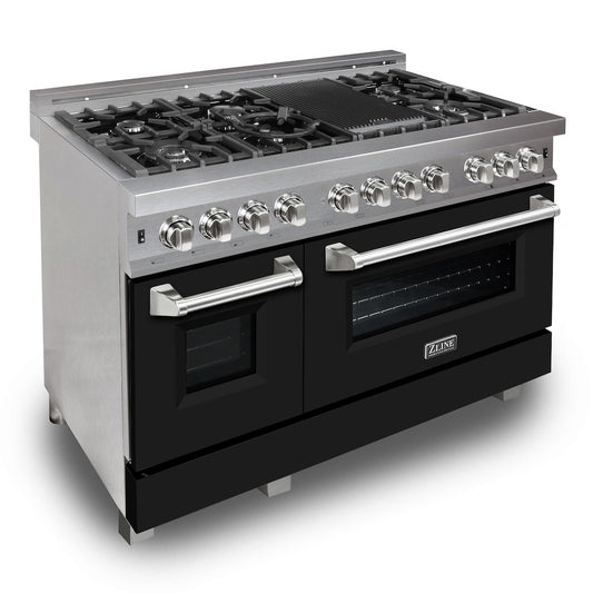ZLINE 48 in. 6.0 cu. ft. Legacy Dual Fuel Range with 7 Burner Gas Cooktop and 2 Electric Ovens in Satin Stainless Steel and Black Matte Doors (RAS-BLM-48)